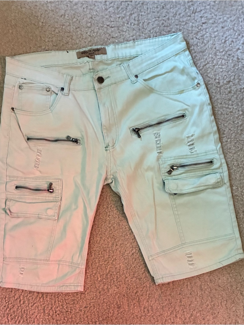 Men's Mint Green Distressed Cargo Shorts with Multi-Zip Pockets